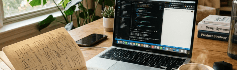 Laptop displaying code next to open notebook with handwritten diagrams and coffee mug on wooden desk